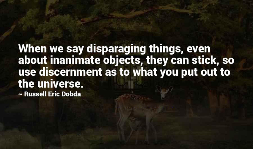 When we say disparaging things, even to inanimate objects, they can stick. Use discernment as to what you put out to the universe. -Russell Eric Dobda