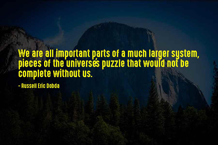 We are all important parts of a much larger system. THe universe's puzzle would not be complete without us. -Russell Eric Dobda