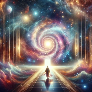 This visual embodies the theme of a mystical and exploratory journey through time and space, aligning with the meditation's focus on self-discovery and potential.