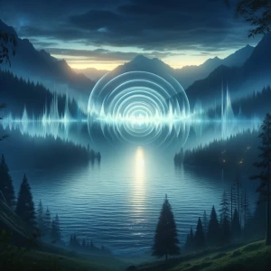 This visual captures the essence of a serene and mystical journey through sound, set in a tranquil natural landscape. It's designed to evoke the calming and transformative power of sound as a pathway to peace