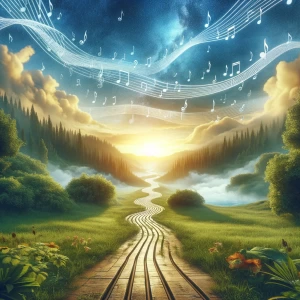 This visual creatively represents a metaphorical path through musical notes and sound waves, set in a serene natural landscape. It symbolizes the auditory and spiritual journey offered by the album, inviting viewers to explore each track as a step towards tranquility and self-discovery.