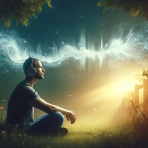 Here is the image for "Why Listen to This Album." It captures an individual in a serene outdoor setting, wearing headphones and deeply engrossed in the music, visually representing the introspective and transformative experience provided by the album. The ethereal sound waves emanating from the headphones blend with the natural environment, symbolizing the harmony between the music and the listener's inner world.