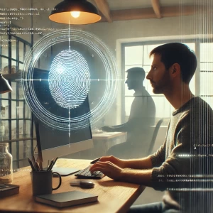 A serene office setting where a software engineer is working on a computer with code visible on the screen. A holographic overlay of a digital fingerprint is being scanned, symbolizing the concept of authentication. In the background, a reflective mirror shows the same person but in a more relaxed, introspective pose, representing the idea of being authentic to oneself. The ambiance is calm, with soft, natural lighting.