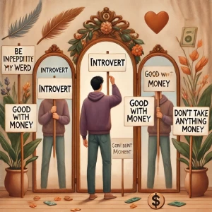 A person standing in front of a large, ornate mirror, with multiple versions of themselves reflected back, each holding different signs labeled with traits like "introvert," "extrovert," "good with money," "bad with money." The person is in the process of removing a sign labeled "introvert" and replacing it with "confident." Surrounding them are symbols from "The Four Agreements" book, such as a feather for "be impeccable with your word" and a heart for "don't take anything personally." The background is soft and calming, with warm, neutral tones.