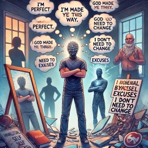 A person standing defiantly with their arms crossed, surrounded by broken mirrors and fragmented reflections, each showing a different version of themselves. Above their head, a thought bubble filled with phrases like "I'm perfect," "God made me this way," and "I don't need to change" floats, signifying excuses. In the background, a shadowy figure represents the "straw-man" they’ve created, holding a sign that says "Authentic Self." Around the person, motivational posters and books from new age movements and self-help gurus are scattered, symbolizing spiritual bypassing.