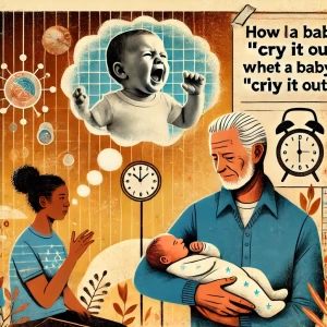 An older person reflecting on their past, with a thought bubble showing a scene from the 70s or 80s where they let a baby "cry it out." In the foreground, a new parent is seen co-sleeping with their baby, while the older person offers advice with a concerned expression. Surrounding them are symbols of past regrets and unprocessed pain, such as a faded photograph, a clock, and a cracked mirror. The background includes warm, nostalgic tones mixed with cooler, more somber shades, representing the clash between past advice and present actions.