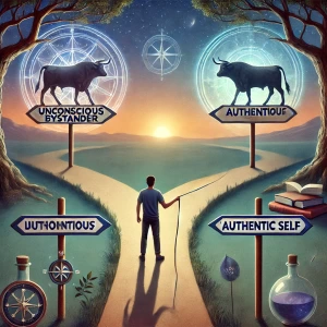 A person standing at a crossroads, with one path labeled "Unconscious Bystander" and the other "Authentic Self." The path to "Authentic Self" is illuminated, with symbols of growth like trees, books, and mirrors. The person is holding the reins of a bull, symbolizing taking control of one's life and choices. Surrounding them are subtle representations of different experiences, such as a globe, a compass, and various objects that signify change and learning. The background blends into a serene landscape, symbolizing the journey and process of self-authentication.