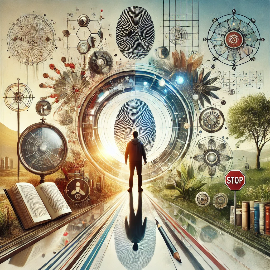 A dynamic collage that blends various elements from the blog. At the center, a person stands confidently, holding a mirror that reflects multiple versions of themselves, symbolizing self-reflection and authenticity. Surrounding this central figure are symbols of different key themes: a digital fingerprint for authentication, broken mirrors for self-examination, a crossroads signifying choices, and various influences like books, trees, and a globe representing growth and change. The background shifts from a serene natural setting to a complex urban environment, highlighting the journey from innocence to self-awareness. Soft, harmonious colors blend together, creating a cohesive and inspiring visual.