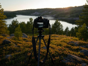 Mindful photography during a nature trek with a camera capturing a serene landscape
