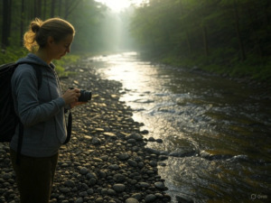 Mindful photography trek by a stream capturing a glistening pebble at dawn