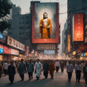 Urban scene with faded spiritual icons on a billboard, urging focus on wisdom over worship