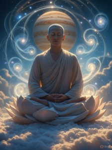 man meditating in front of Jupiter