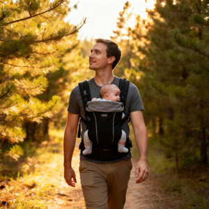 Baby in carrier on forest trail, North Idaho