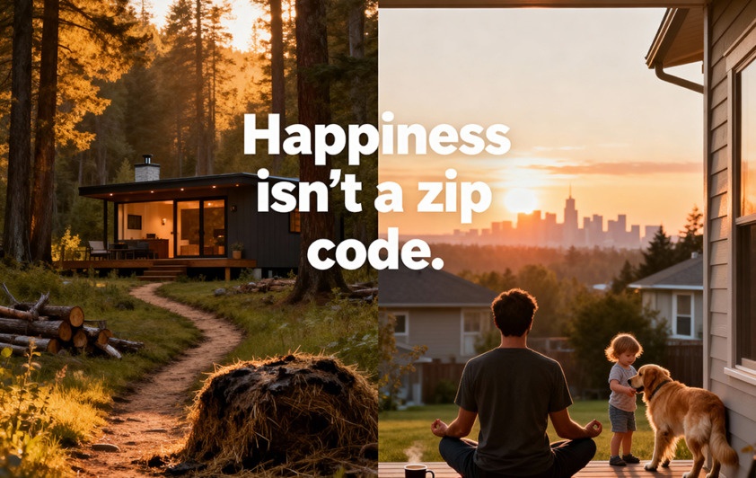 Split image: North Idaho rural dream vs. suburban peace with text 'Happiness isn’t a zip code