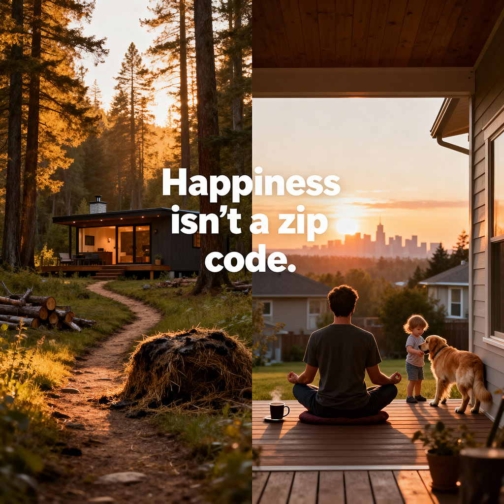 Split image: North Idaho rural dream vs. suburban peace with text 'Happiness isn’t a zip code