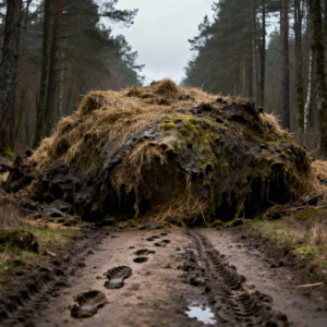 Moldy hay pile dumped on forest trail with angry note
