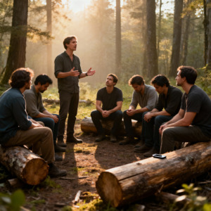 Men sitting in circle in nature, emotional intelligence group