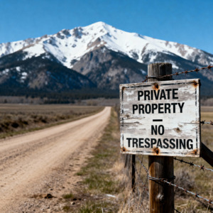 Montana private property sign with mountains in background