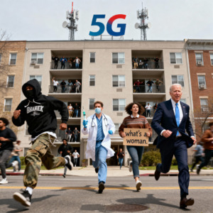 An apartment building with 5g towers coming from it. Out of it different people run: gang members, a doctor with a vaccine needle, teacher holding "what's a woman" sign, joe biden