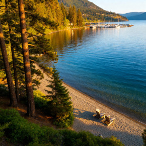 Lake Pend Oreille with pine trees and mountains, Sandpoint Idaho