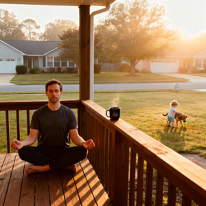 Man meditating on suburban deck with dog and toddler playing